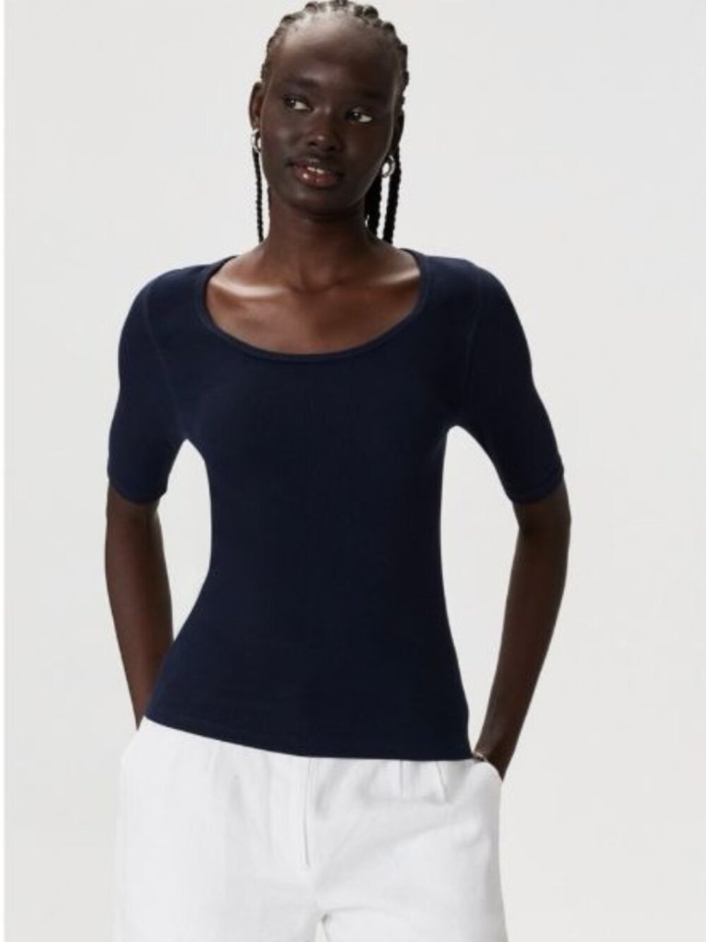 NWT Quince Organic Cotton Micro Rib Elbow Sleeve Tee Navy Blue Medium